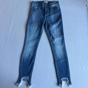 Cello Womens Distressed Raw Hem Skinny Jeans Size 1 Blue Stretch Denim Frayed